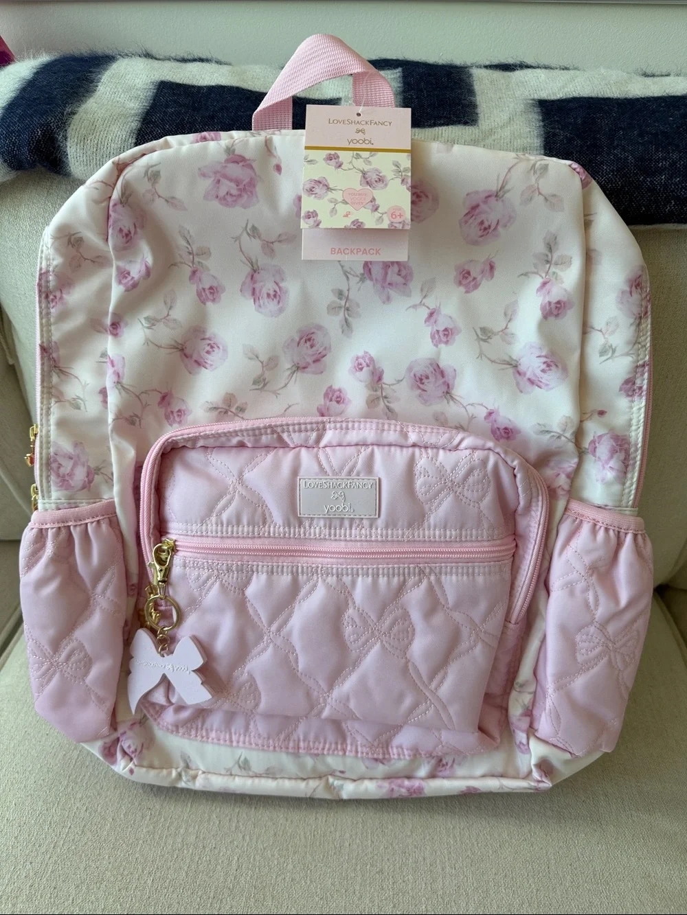 LoveShackFancy Pink Floral Quilted Backpack with Gold Charm